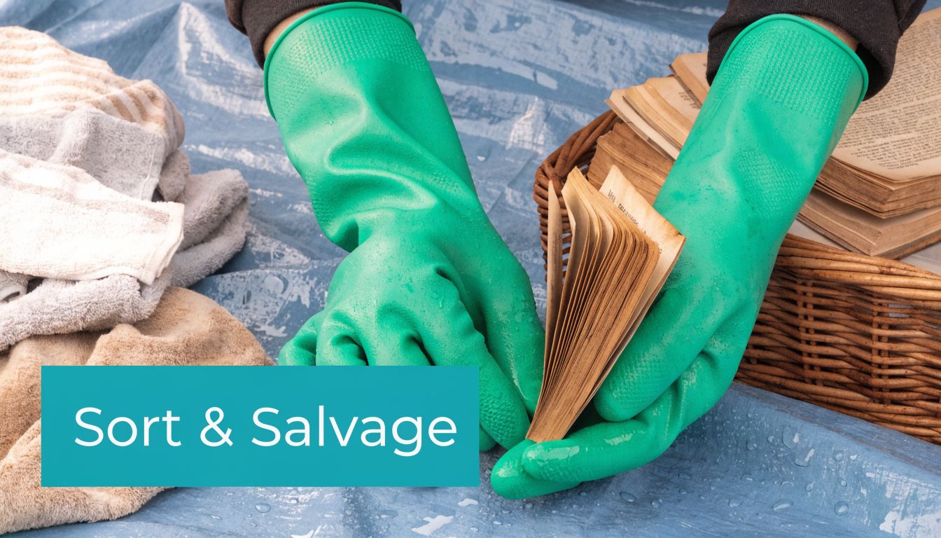 A person wearing green rubber gloves sorts through water-damaged books while cleaning up after a flood.