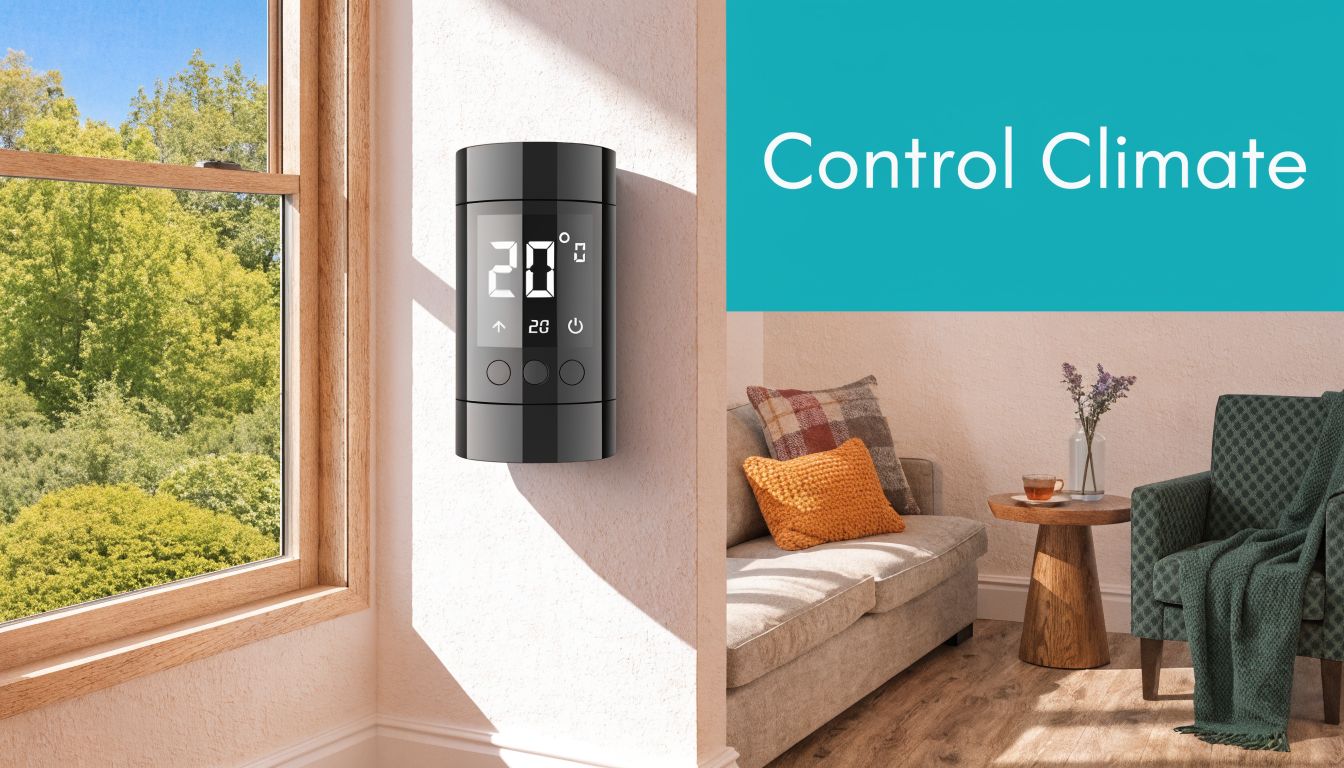 A modern wall-mounted smart thermostat displaying twenty degrees Celsius next to a sunlit living room window.