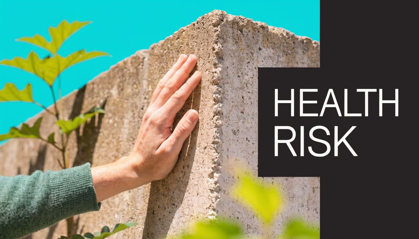 A hand touching a textured concrete wall with a plant beside it, labeled with health risk.
