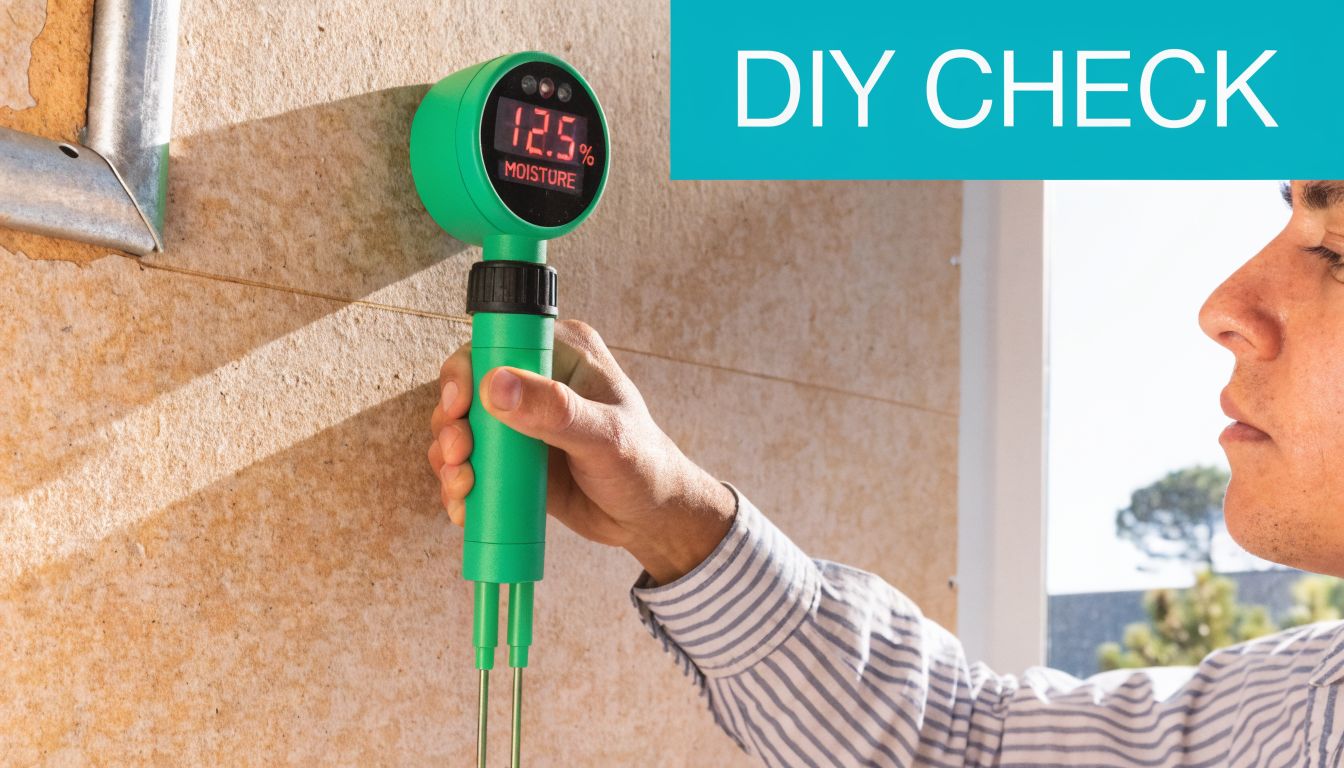 A man using a digital moisture meter on a wall to check for potential water damage or mold.
