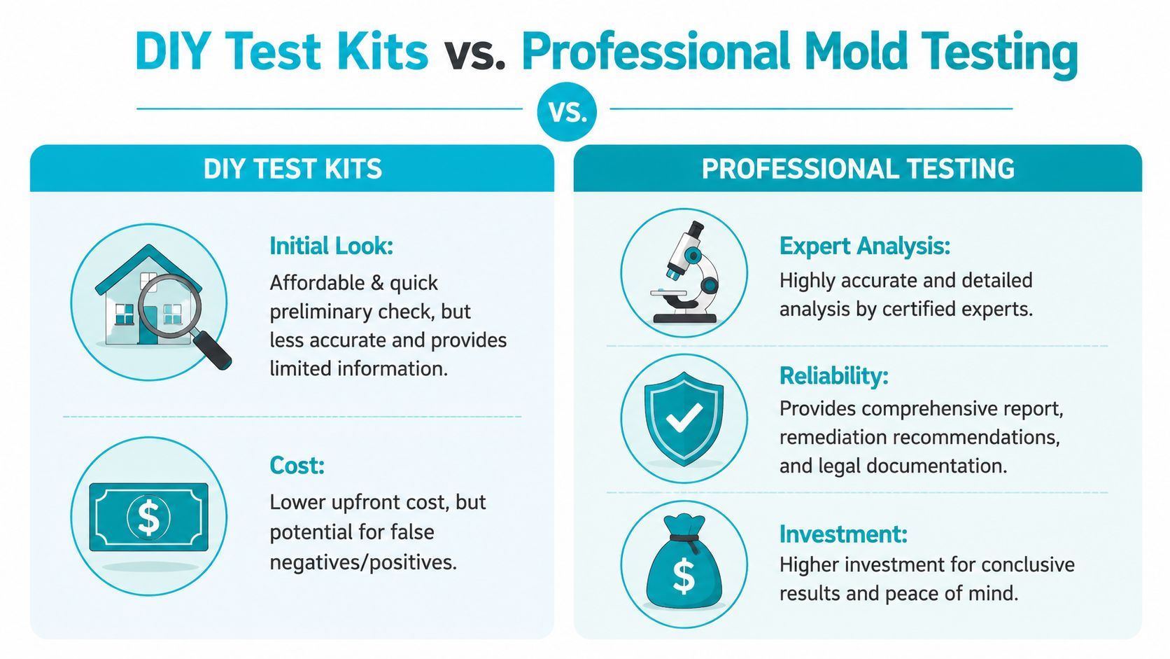 A comparison chart outlining the pros and cons of DIY test kits versus professional mold testing services.