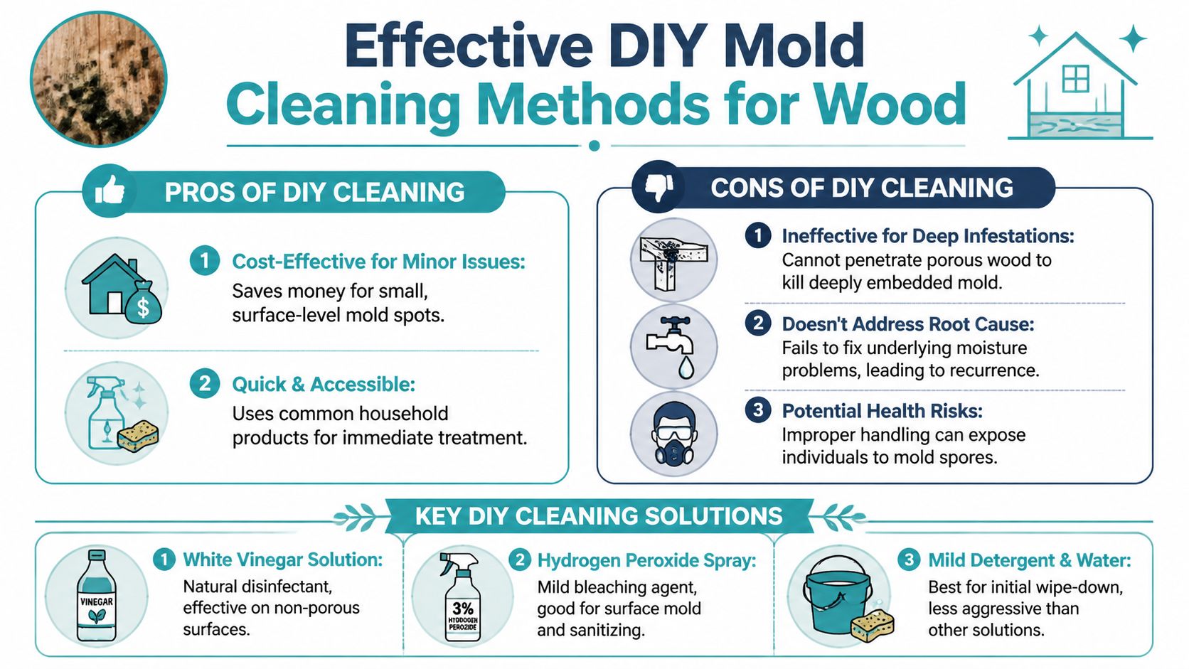 An infographic showing pros, cons, and cleaning solutions for DIY mold removal on wood surfaces.
