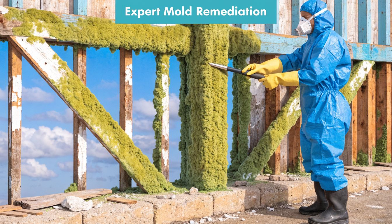 A professional in protective gear using equipment for expert mold remediation on wooden framing.