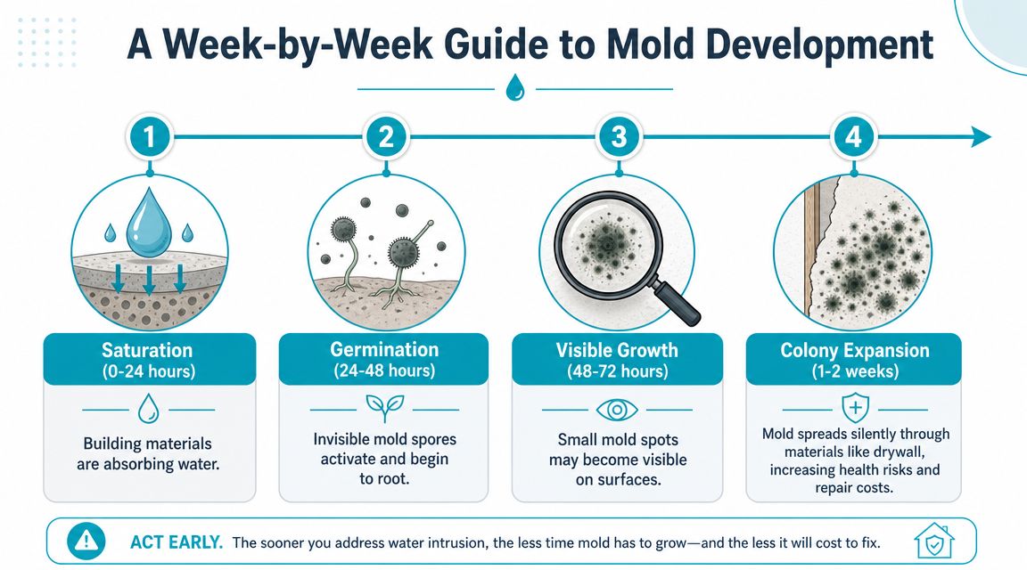 A diagram outlining the four stages of mold development following a two-week period.