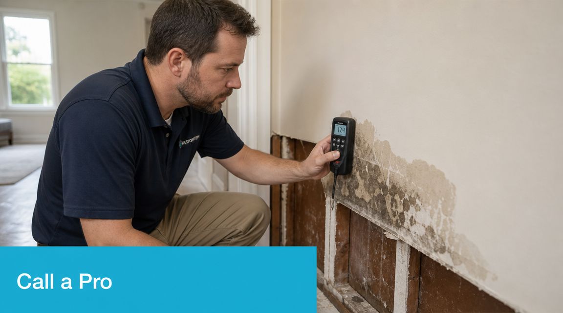 A professional restoration technician uses a moisture meter to inspect wall damage for potential mold growth.