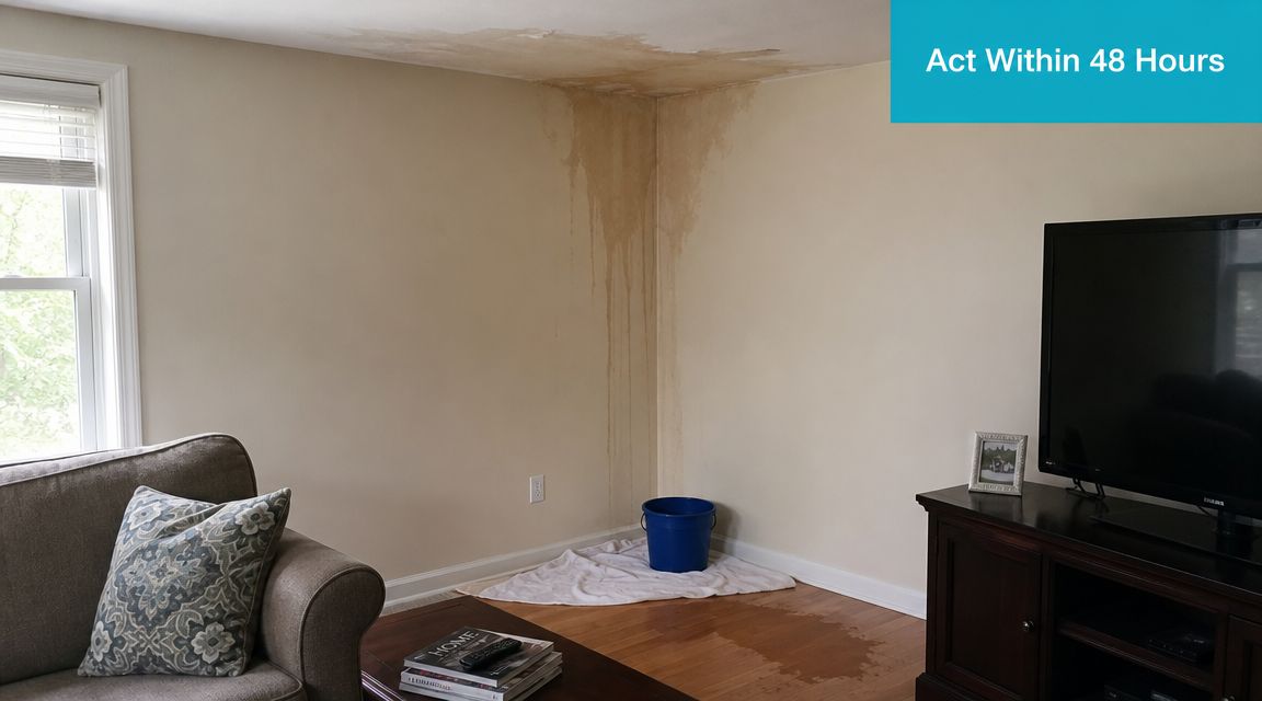 A corner of a room shows severe water damage, leaking stains down the wall into a bucket.