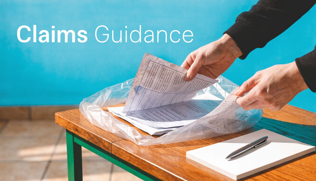 A person handling insurance documents inside a protective plastic bag on a wooden table for claims guidance.
