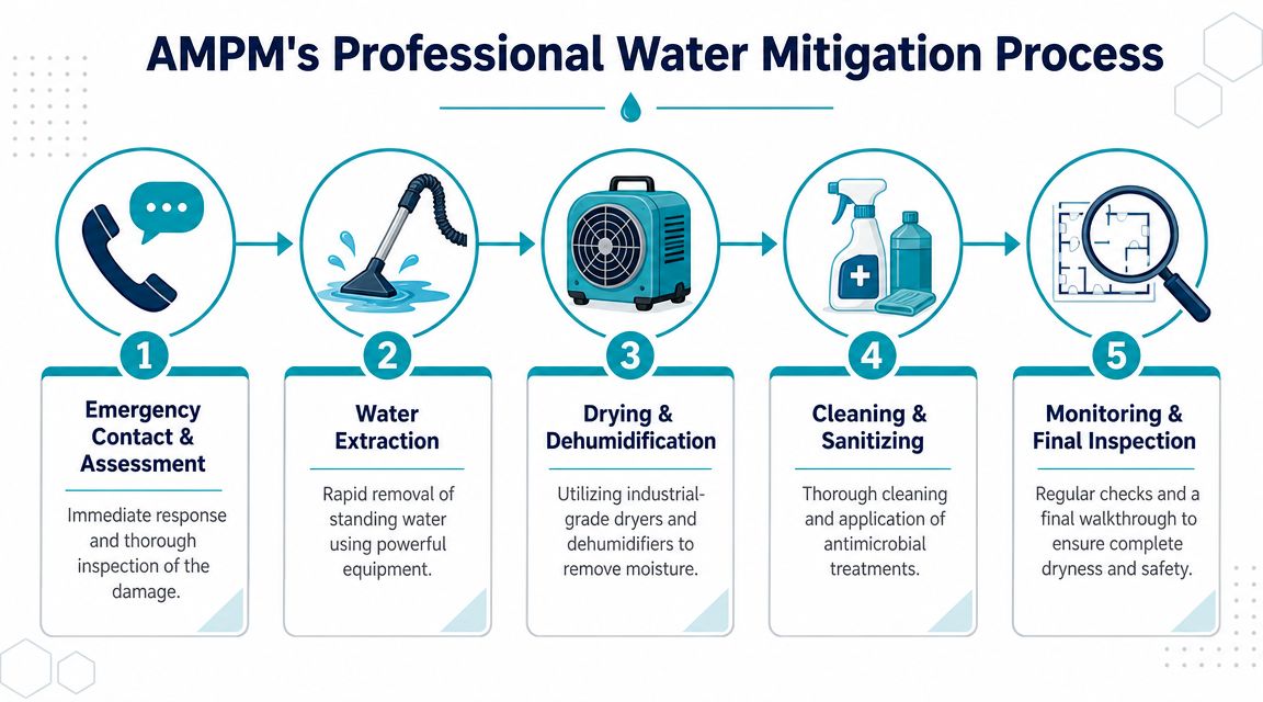 A five-step infographic detailing the professional water mitigation process, from emergency contact to final inspection.