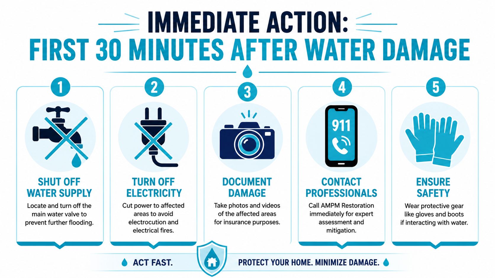 A five-step infographic guide on immediate actions to take during the first 30 minutes of water damage.