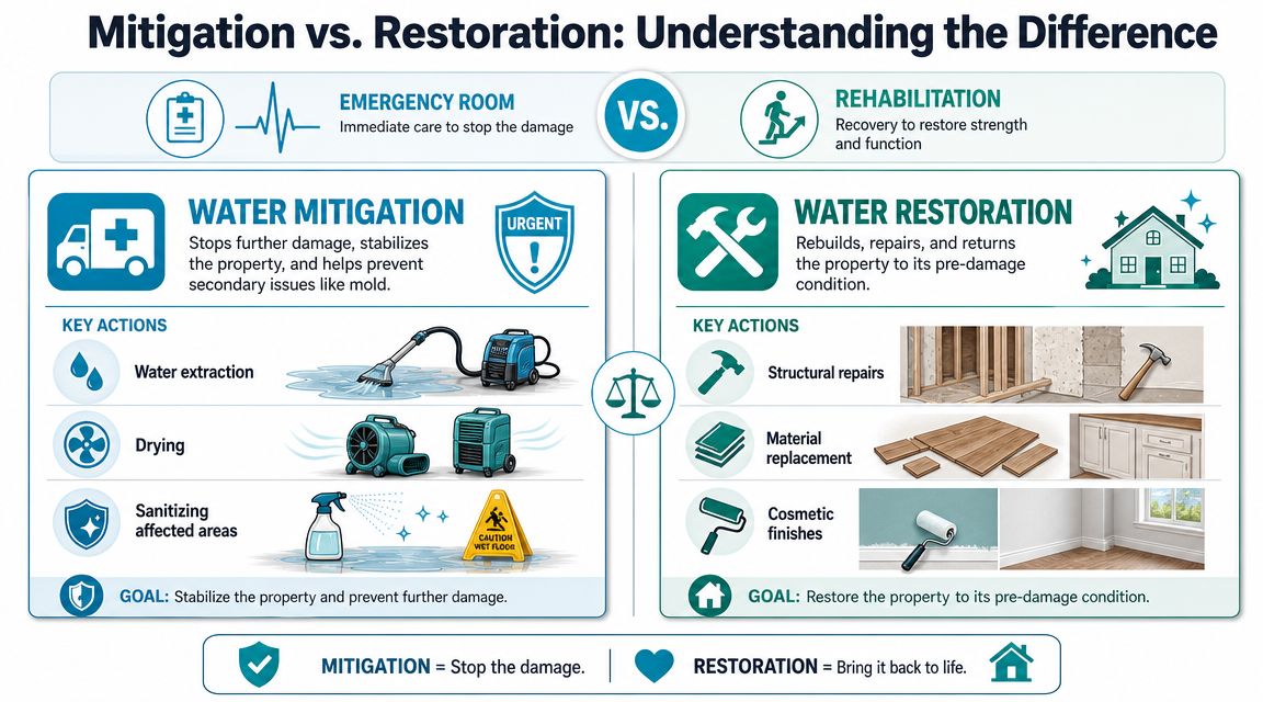 A comparison infographic explaining the differences between water mitigation and water restoration services for damaged homes.