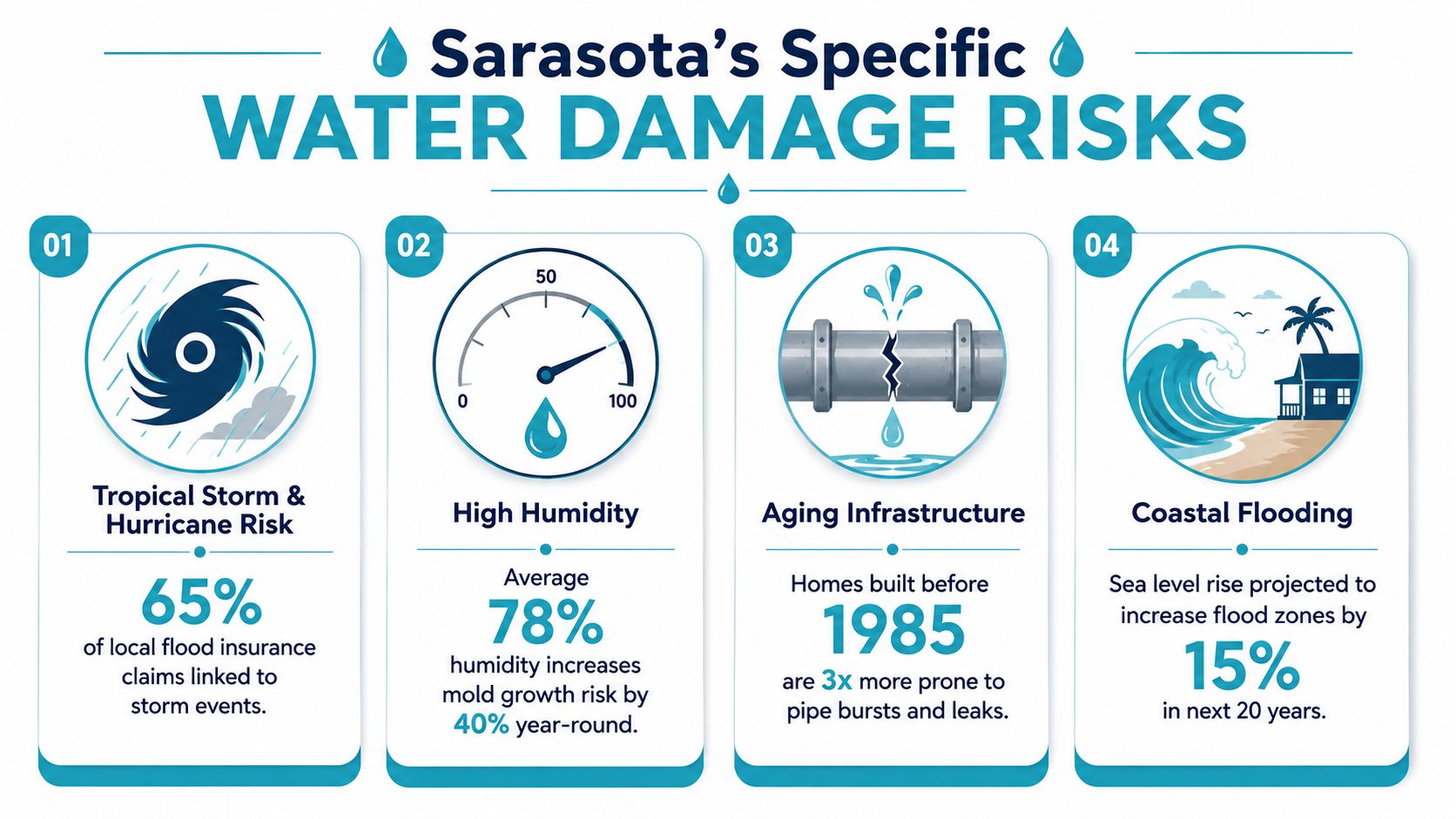 An infographic detailing water damage risks in Sarasota, including hurricanes, humidity, aging infrastructure, and coastal flooding.