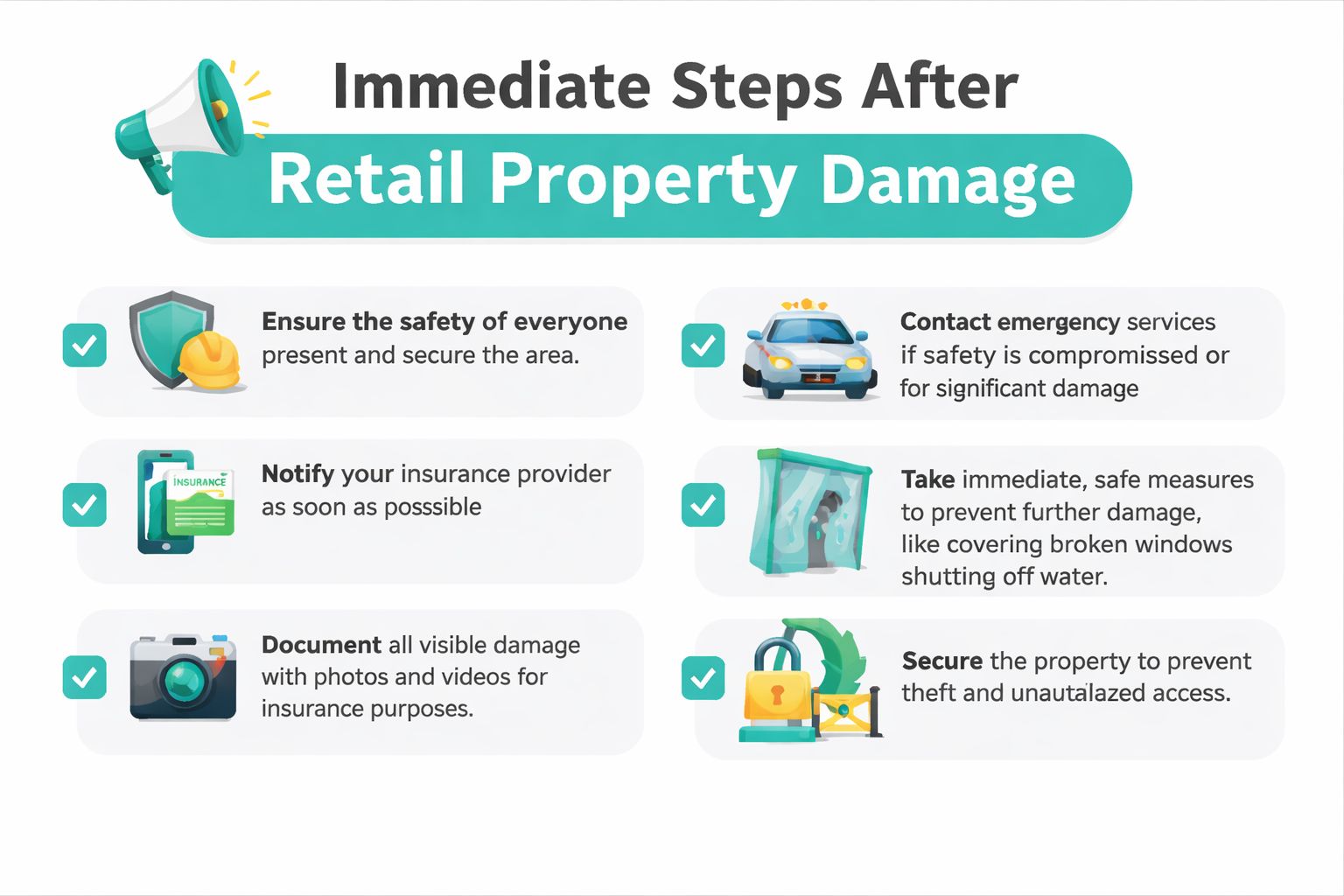 An infographic detailing six crucial steps for retail owners to take immediately after property damage occurs.