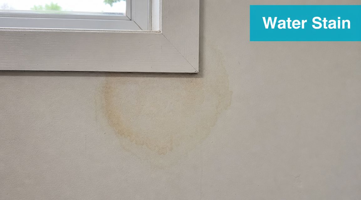 A brownish water stain on the wall beneath the wooden frame of a white window.