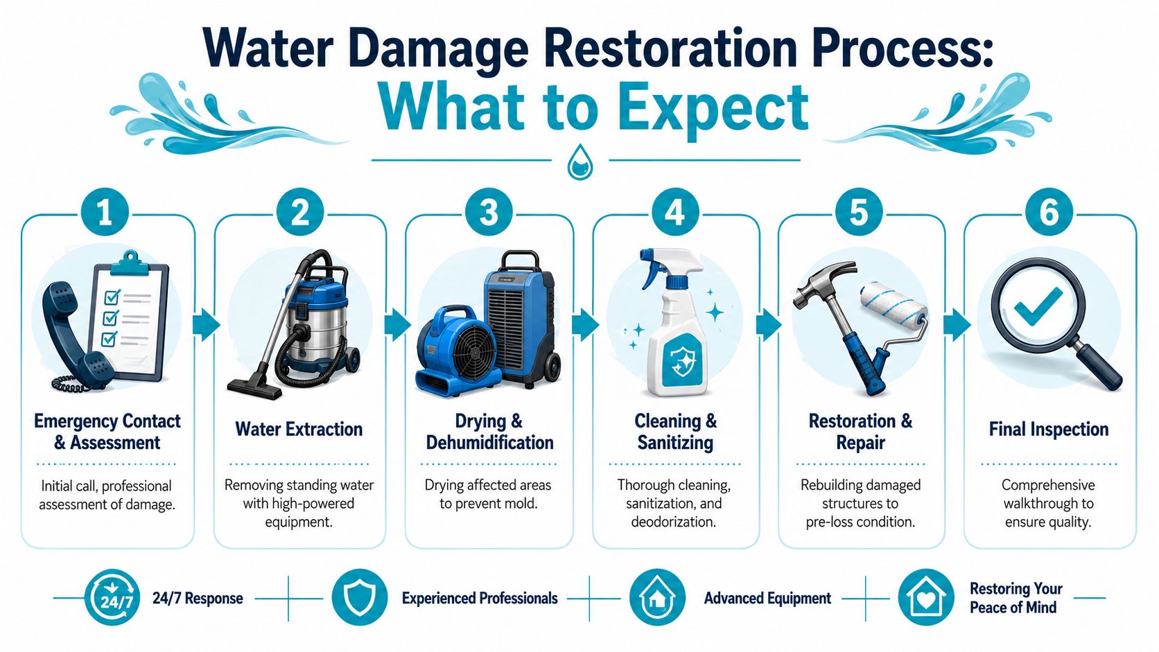 A six-step infographic detailing the water damage restoration process from initial emergency assessment to final inspection.