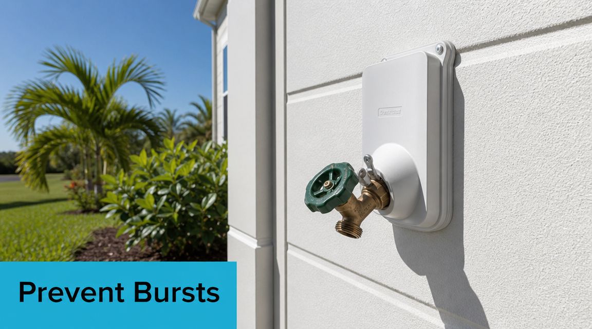 A close-up view of an outdoor water spigot installed on a white residential exterior wall.