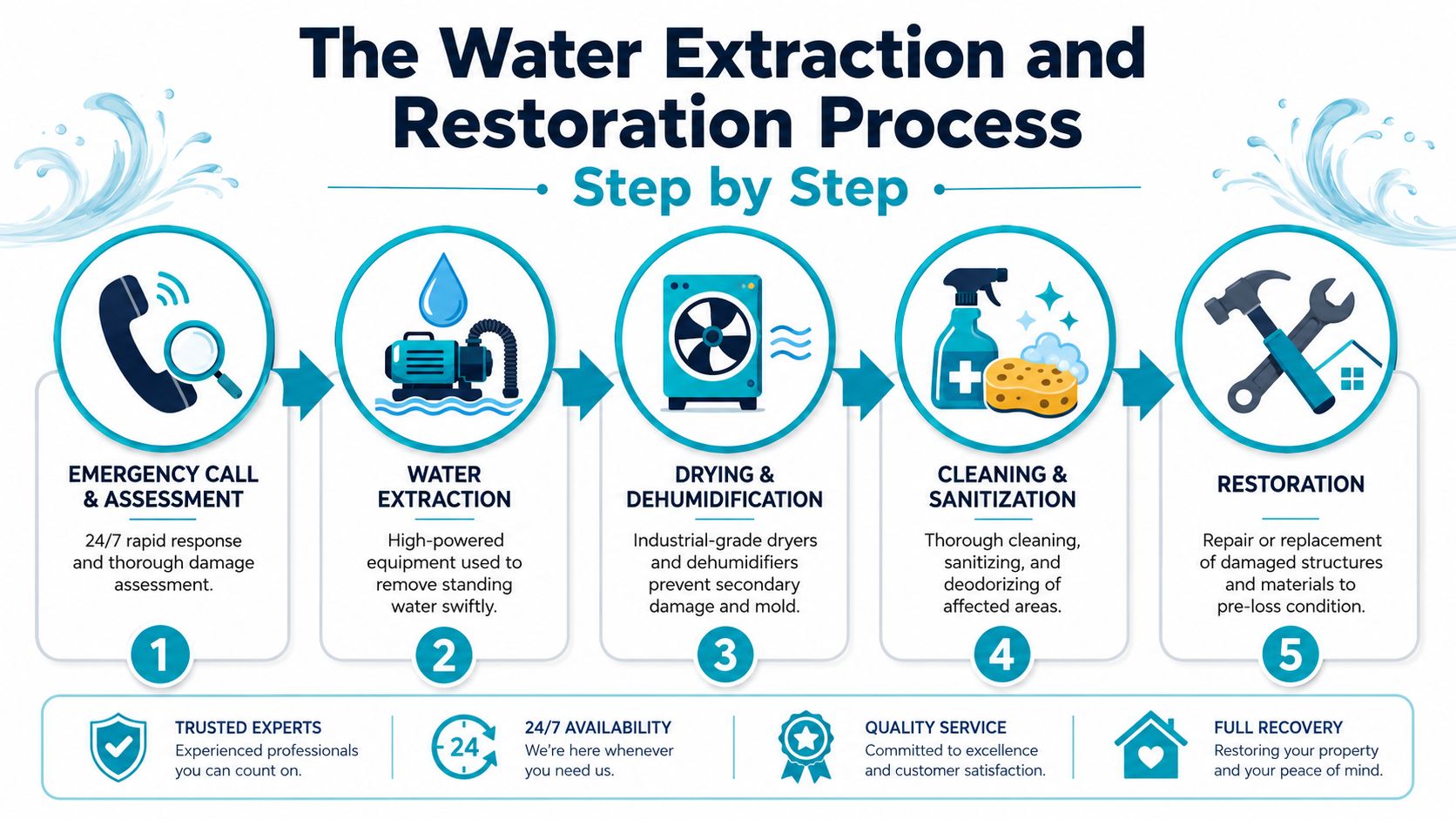 A five-step infographic showing the professional water extraction and restoration process for property damage services.