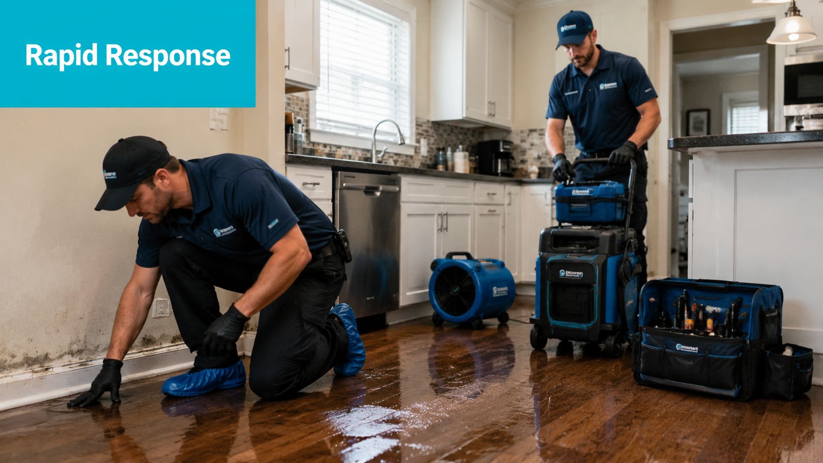 Two water damage restoration professionals working in a flooded kitchen wearing protective gear and blue shoe covers.