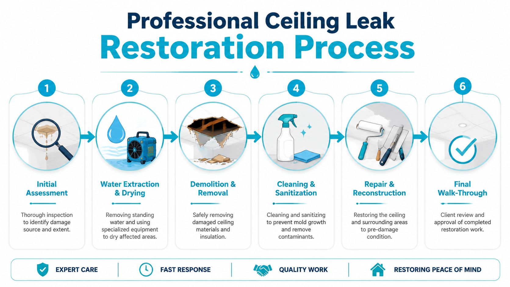 A professional infographic illustrating the six-step process for ceiling leak repair, restoration, and professional water damage cleanup.