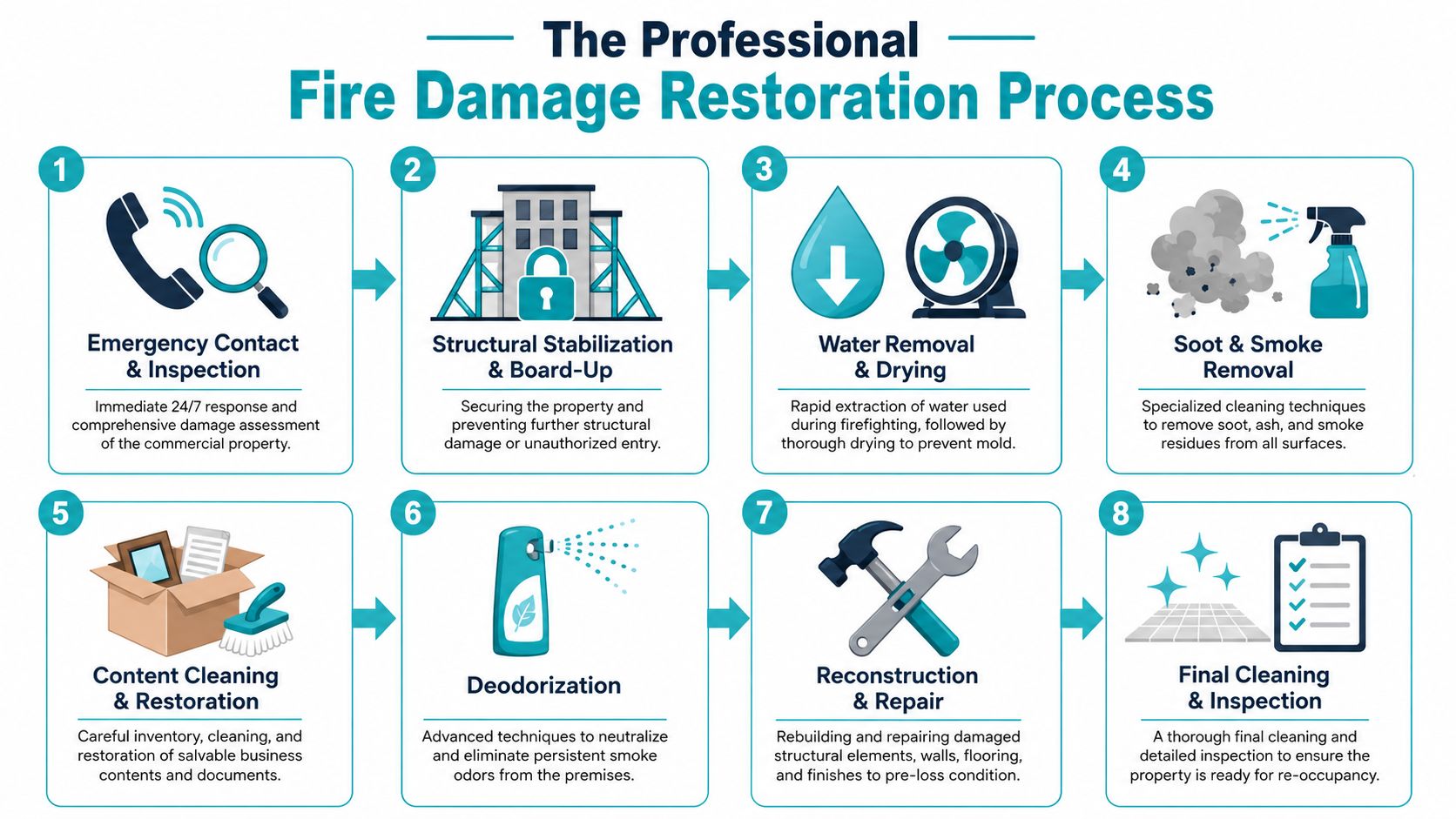 An infographic showing an 8-step commercial fire damage restoration process for professional building recovery and repair.
