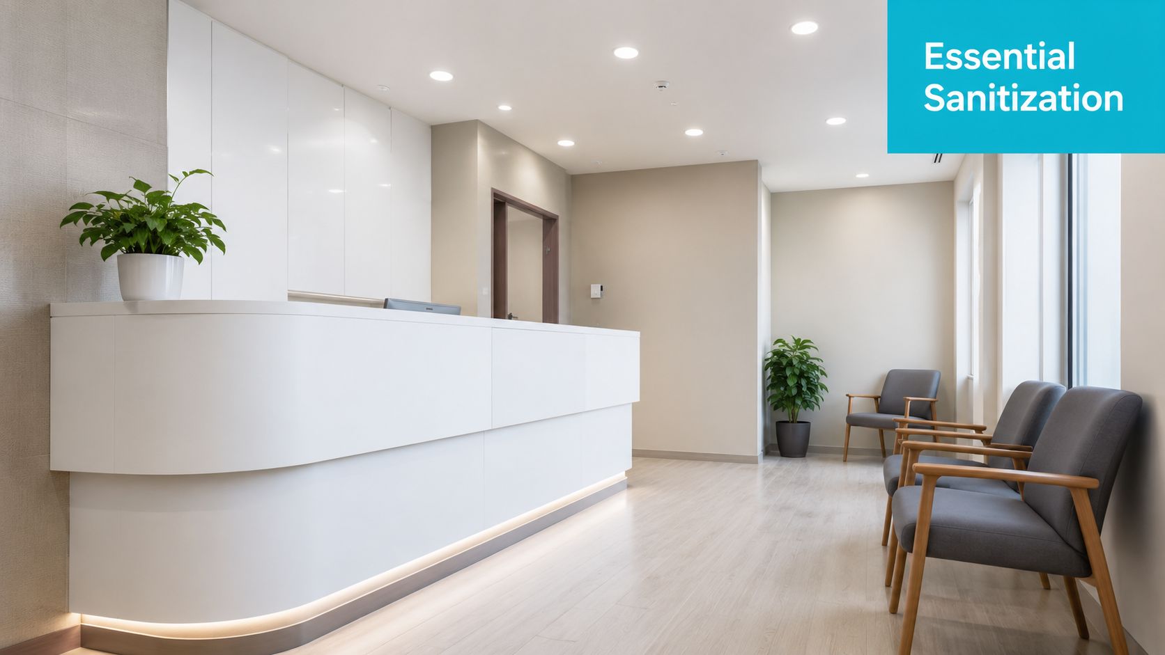 A modern and clean medical office reception area with white desks, grey chairs, and potted plants.