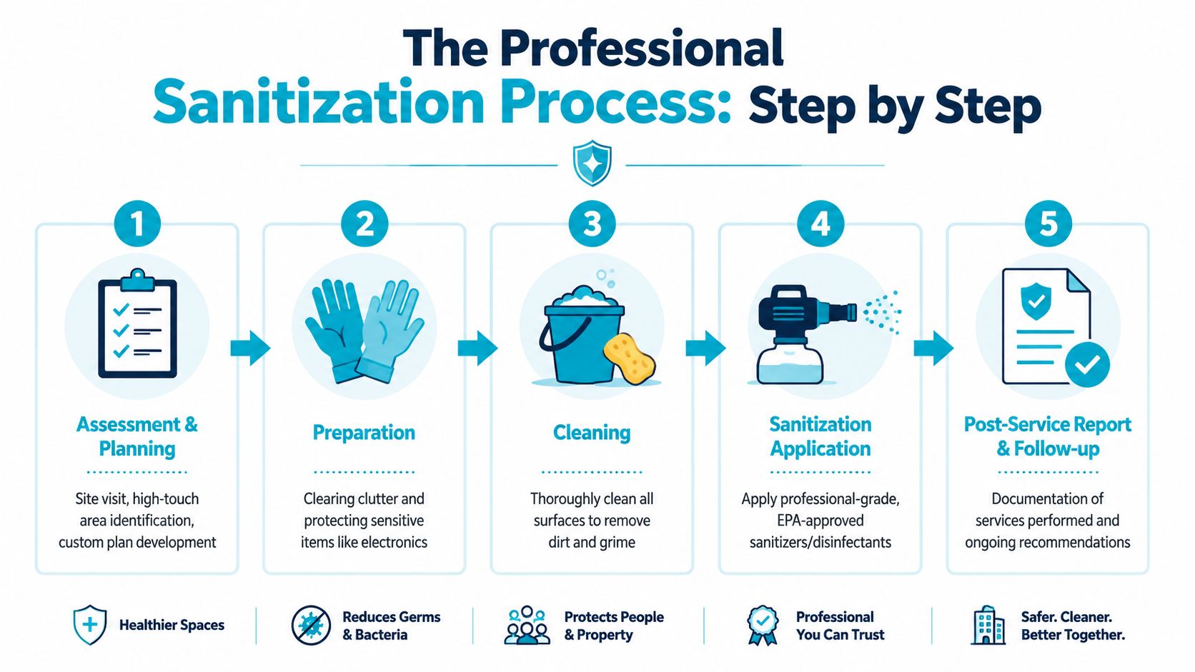 An infographic detailing the five-step professional sanitization process, starting from assessment to post-service reporting.