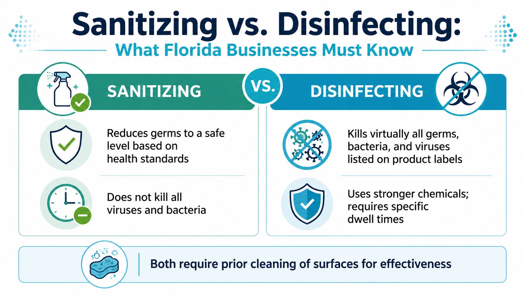 An infographic comparing sanitizing and disinfecting, explaining their definitions and differences for business safety standards.