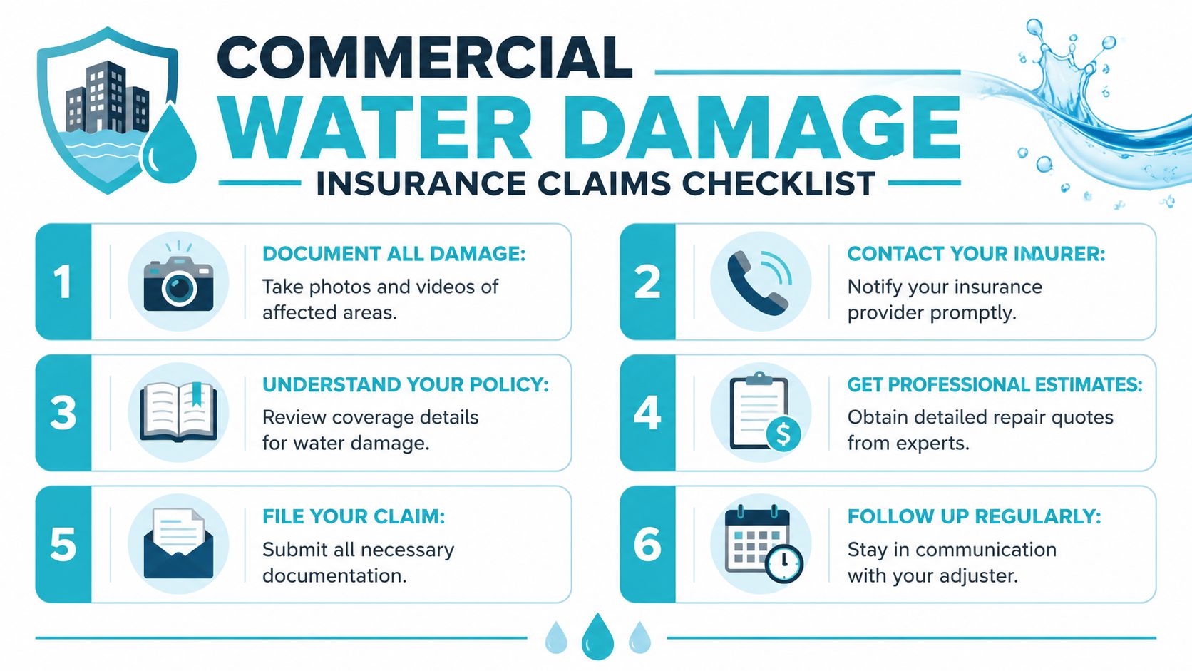 A six-step infographic guide detailing the process for filing commercial water damage insurance claims for businesses.