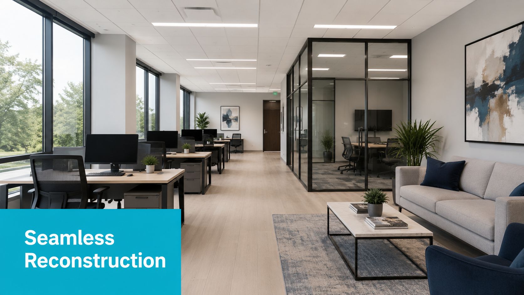 A clean and modern professional office space featuring ergonomic workstations, glass-enclosed meeting rooms, and a comfortable lounge area.