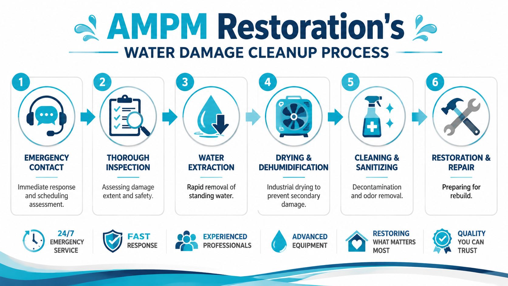 A flowchart showing the six-step professional water damage cleanup process offered by AMPM Restoration services.