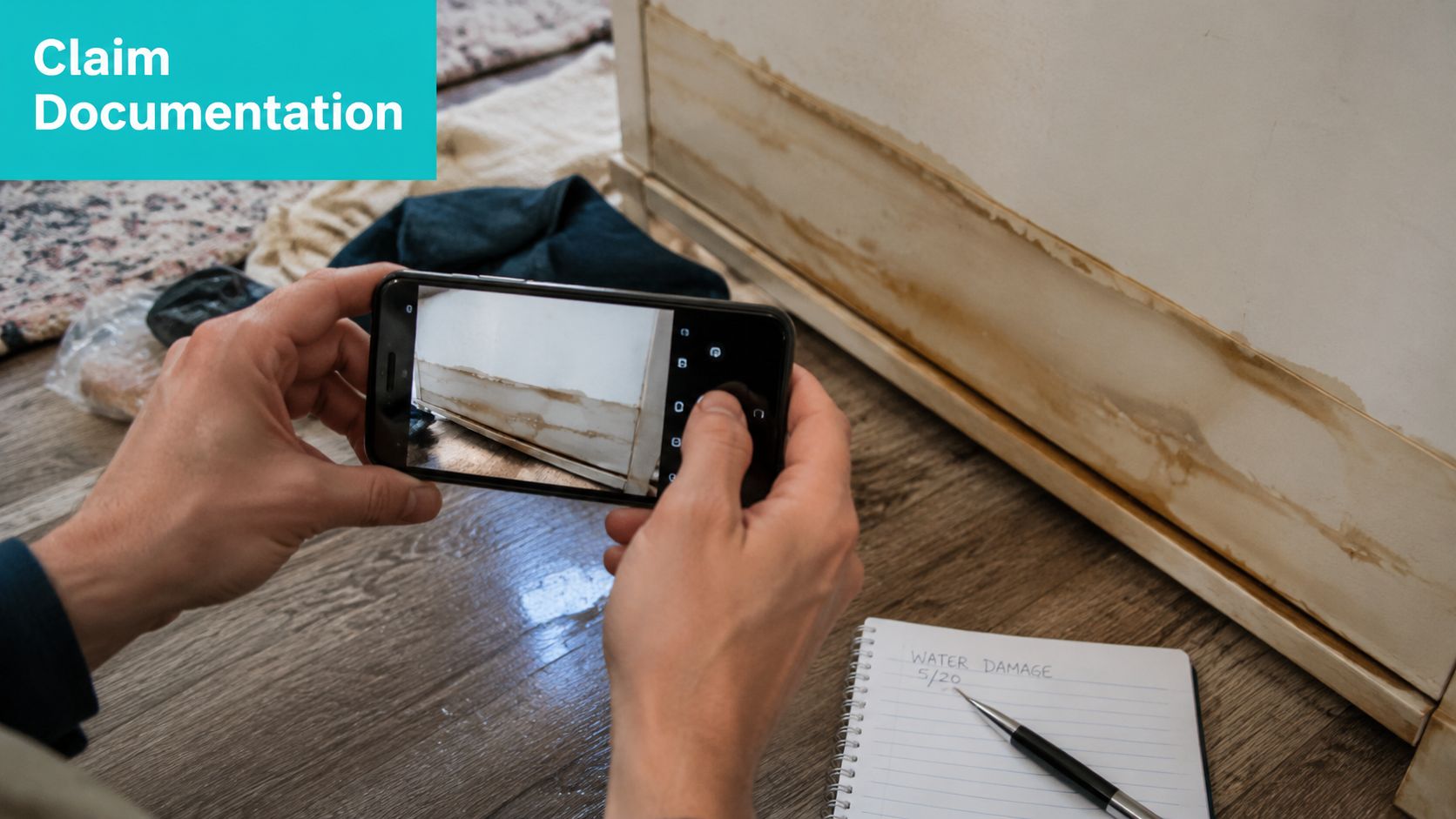 A person taking a photo of water-damaged wall trim with a smartphone for insurance documentation.