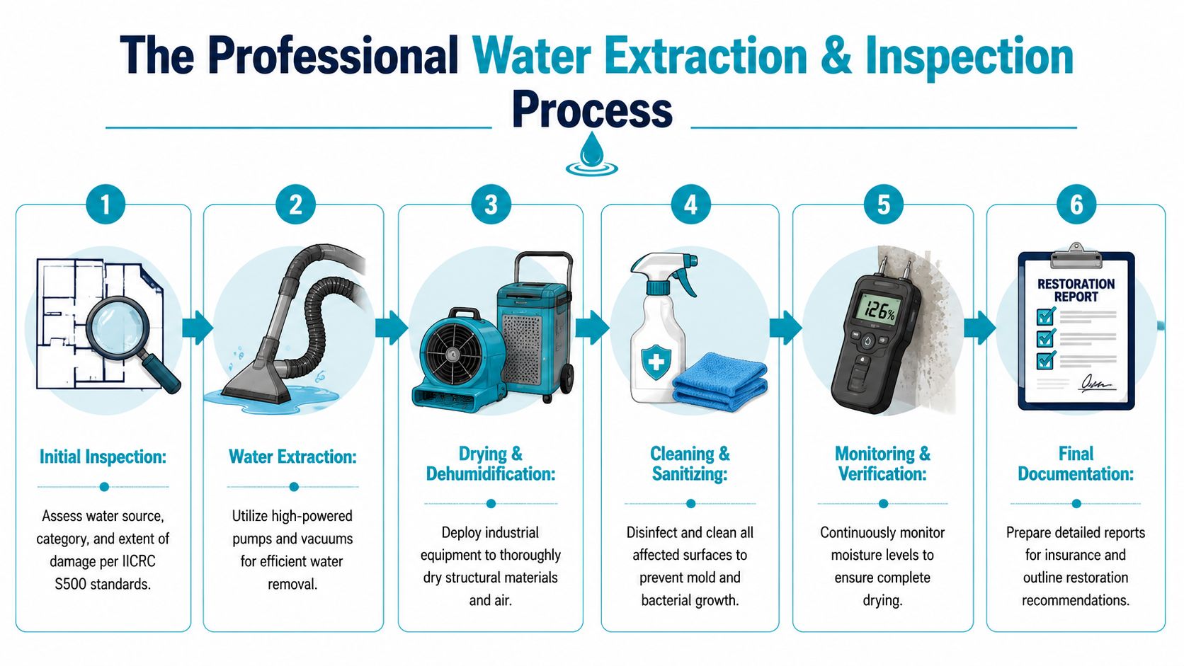 A flowchart showing the six-step professional process for emergency water extraction and restoration services.