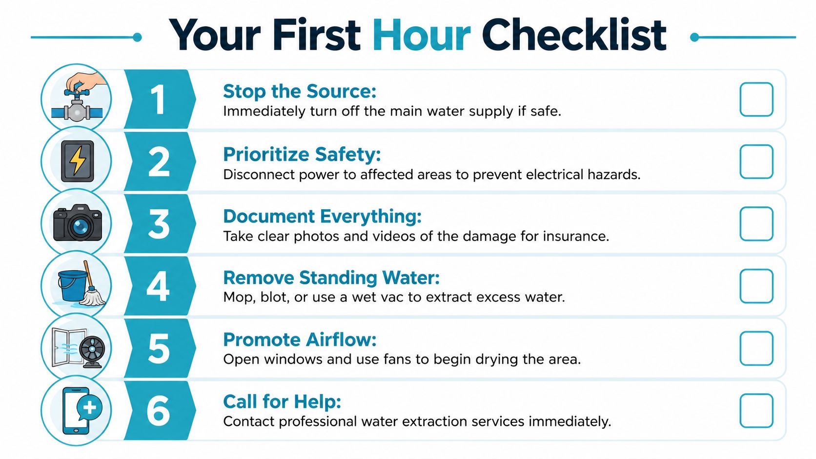 A six-step checklist providing essential safety instructions for homeowners dealing with emergency water damage and flooding.