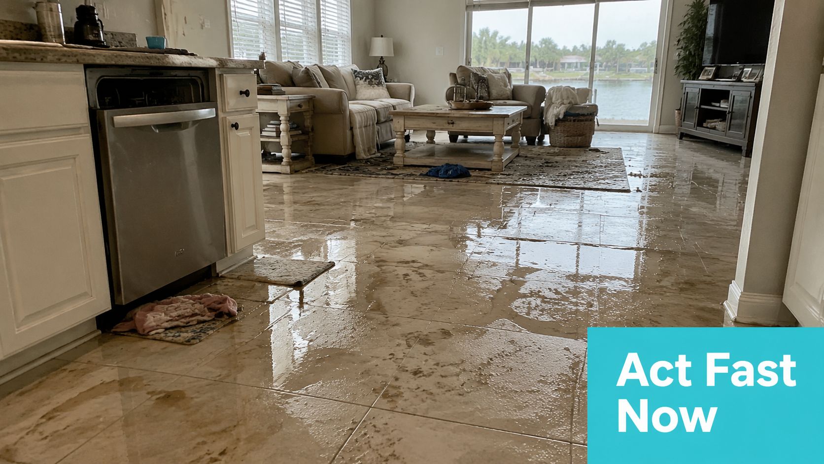 A home living area and kitchen with significant water damage covering the entire tile floor.