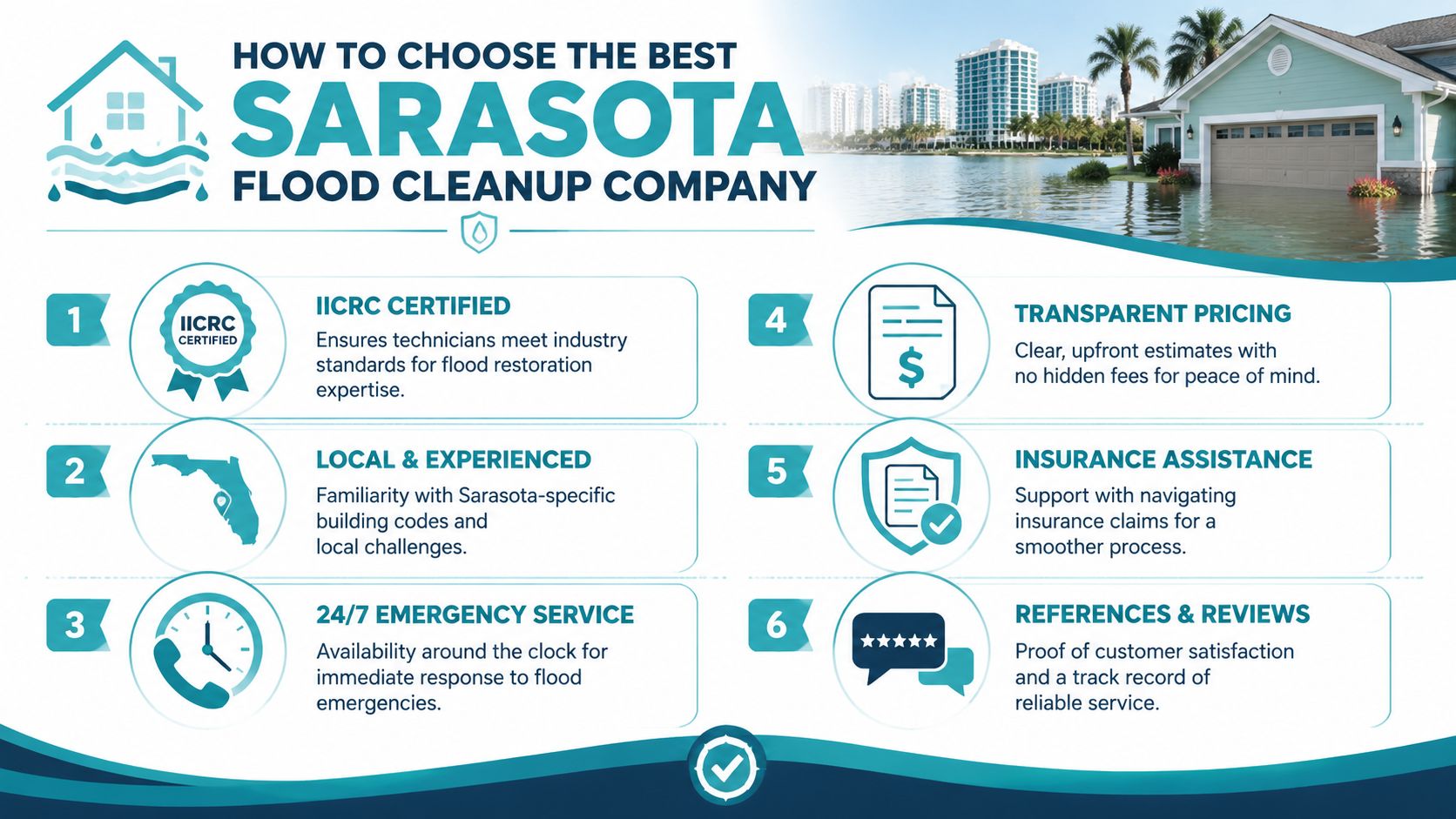 An infographic detailing six essential factors to consider when choosing a flood cleanup company in Sarasota.