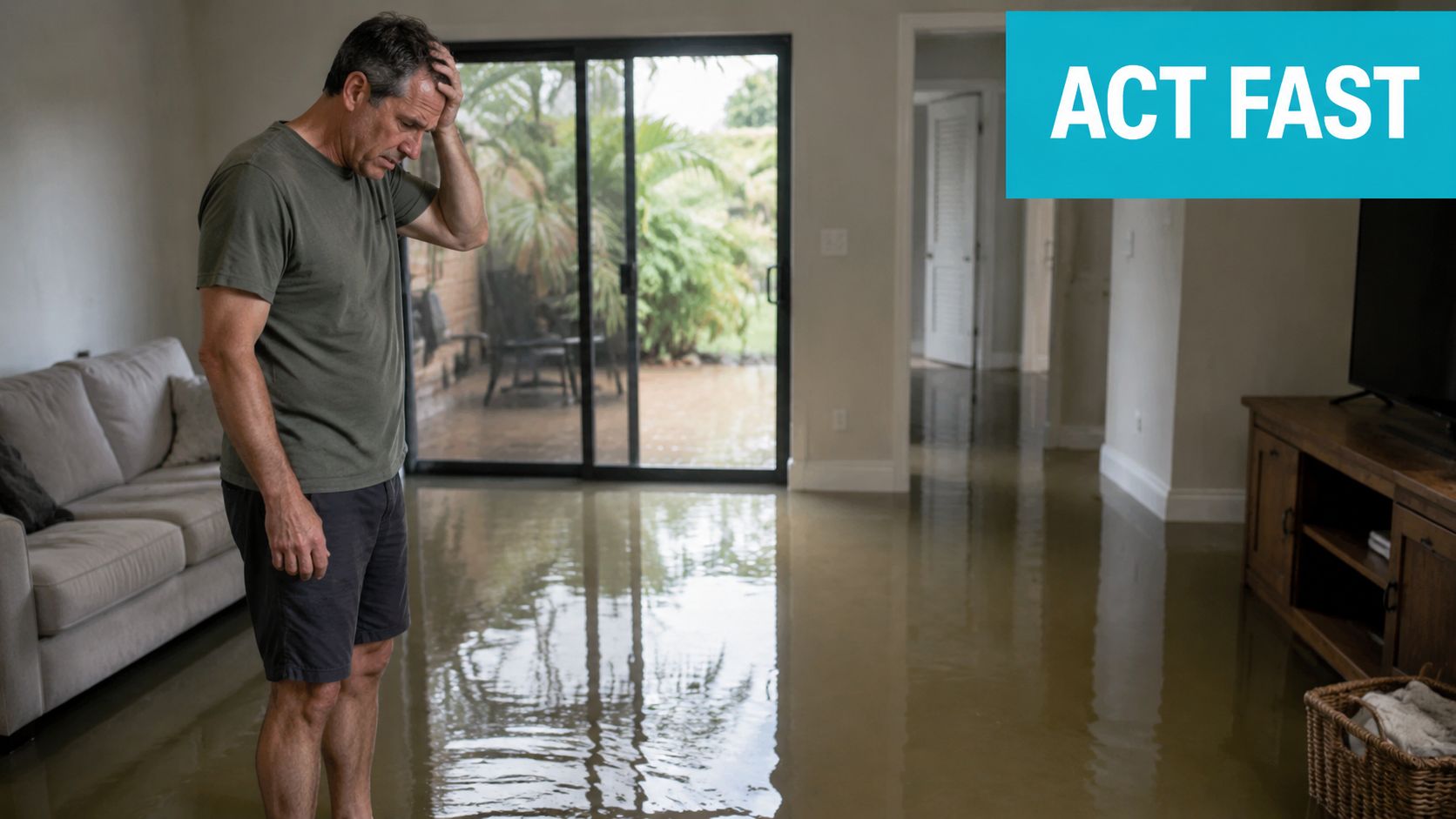 A distressed man standing inside his flooded home looking at the water damage on the floor.