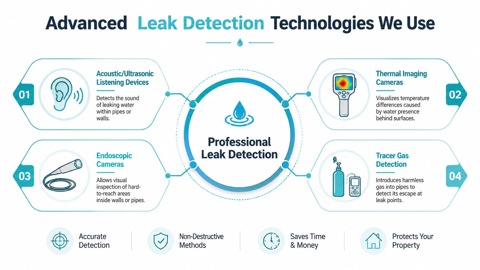 A professional infographic illustrating four advanced technology methods used for non-destructive water leak detection in buildings.