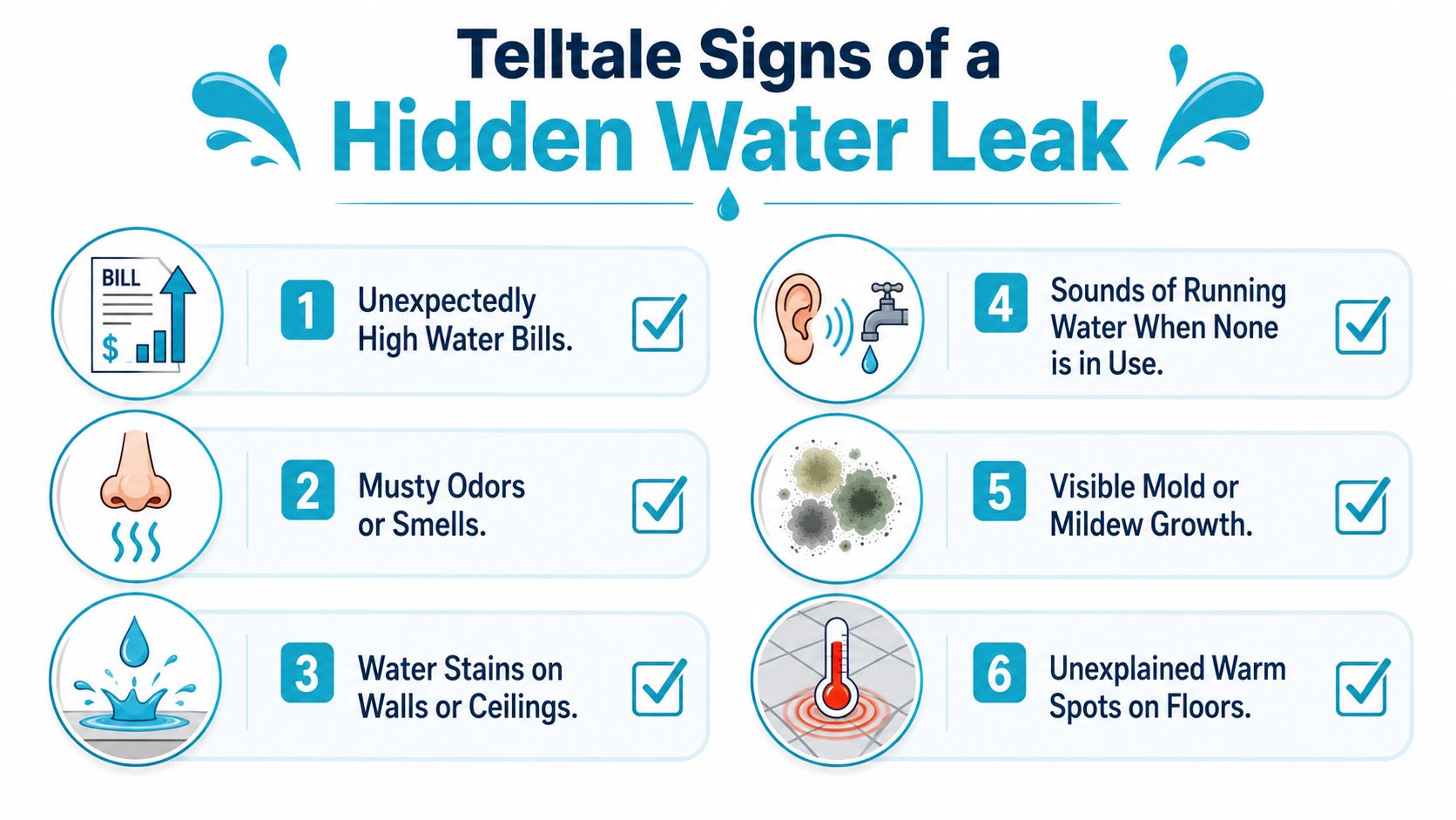 An infographic showing six common signs of a hidden water leak in a residential home.