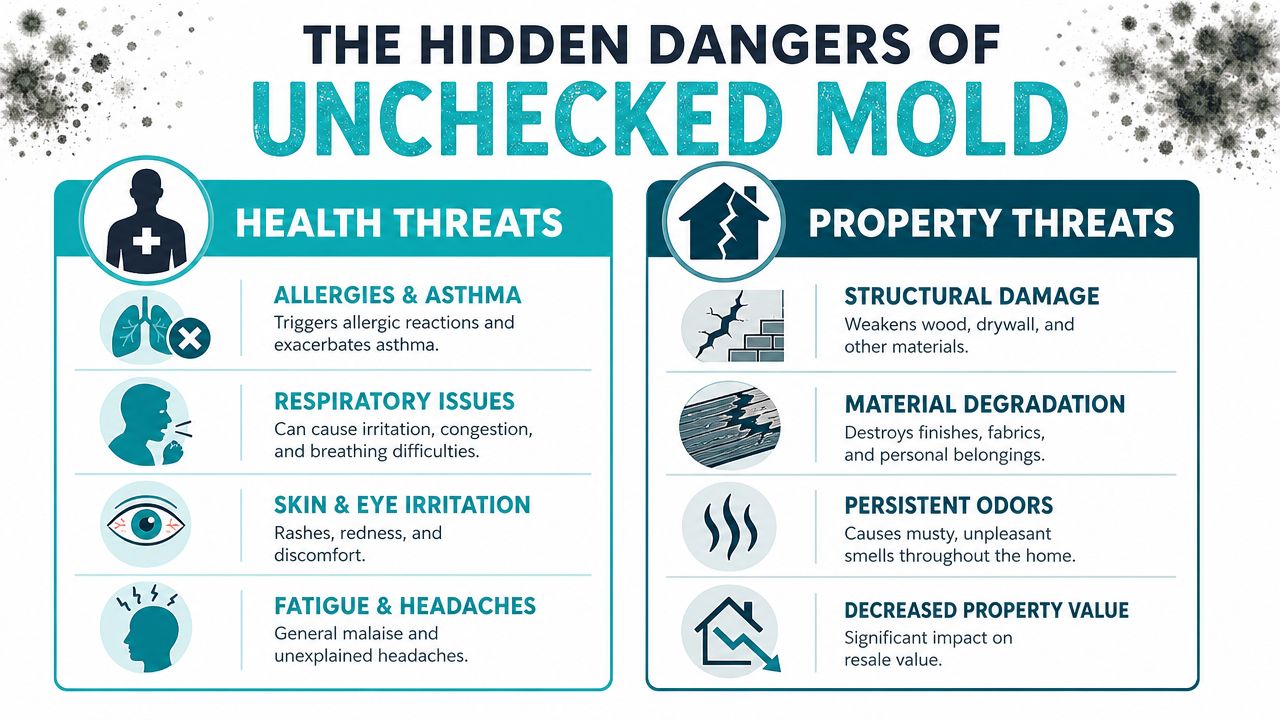 An infographic detailing the health and property risks associated with unchecked mold growth in a home.