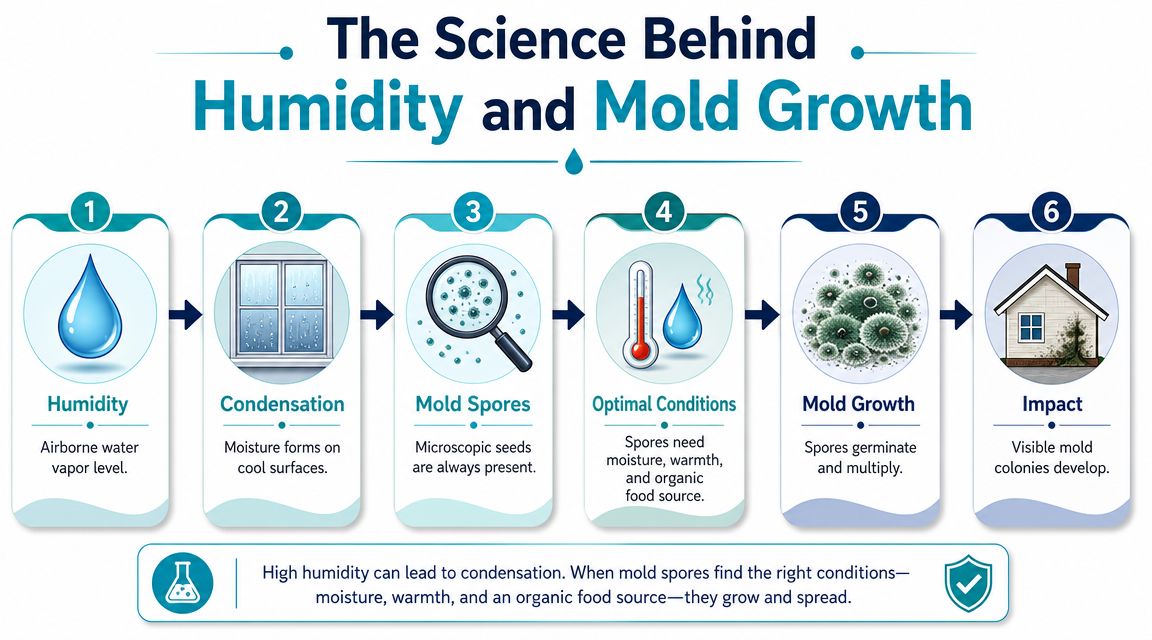 A step-by-step infographic illustrating the scientific process of how humidity leads to mold growth in homes.
