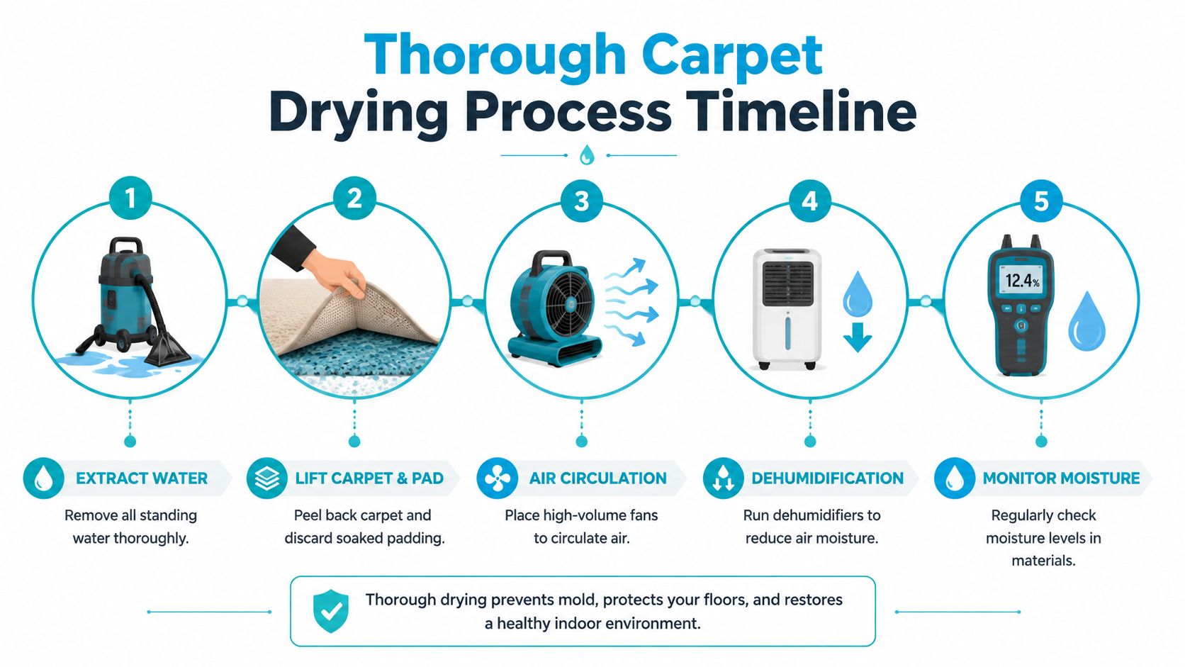 A five-step infographic showing the professional process for drying a wet carpet after flooding.