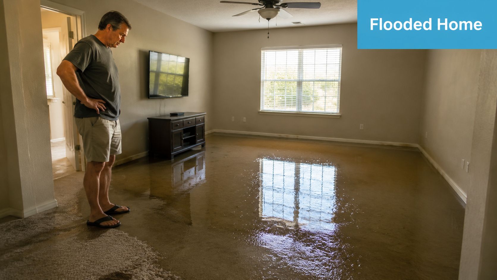 A distressed man standing in his living room filled with standing water due to home flooding damage.