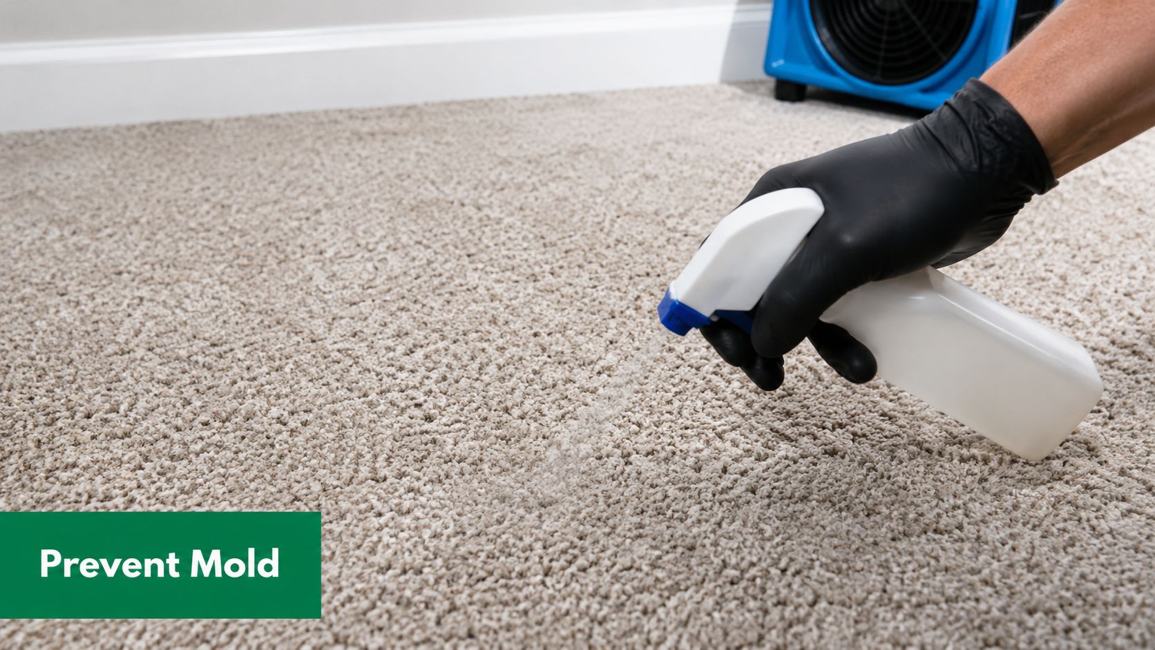 A person in black gloves sprays a cleaning solution onto a carpet to prevent mold growth.