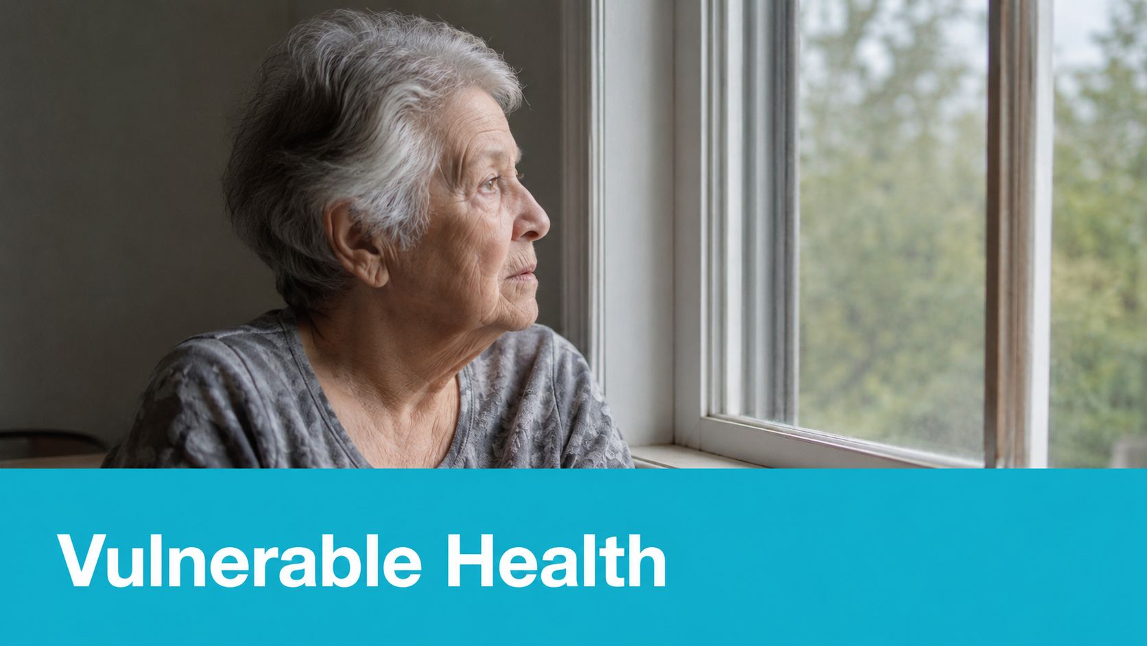 An elderly woman with gray hair looking out of a window with a thoughtful expression.