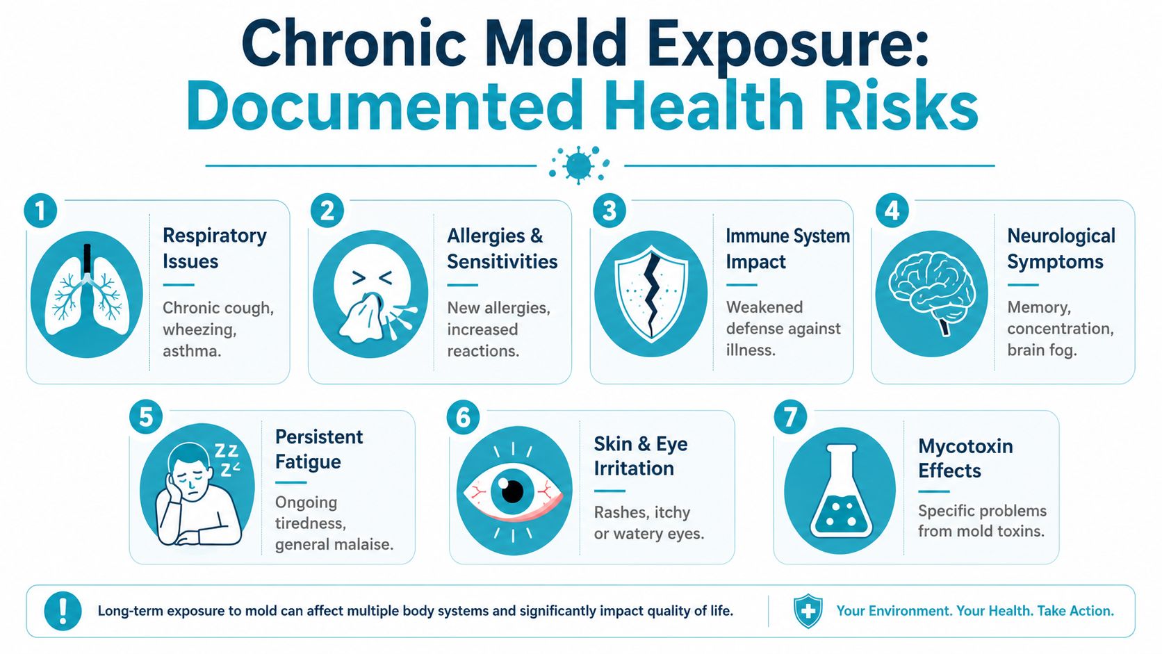 An infographic detailing seven documented health risks associated with chronic mold exposure, including respiratory and neurological issues.