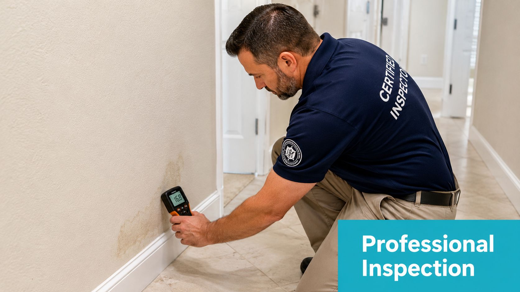 A professional inspector using a moisture meter to check a damp spot on a home wall.