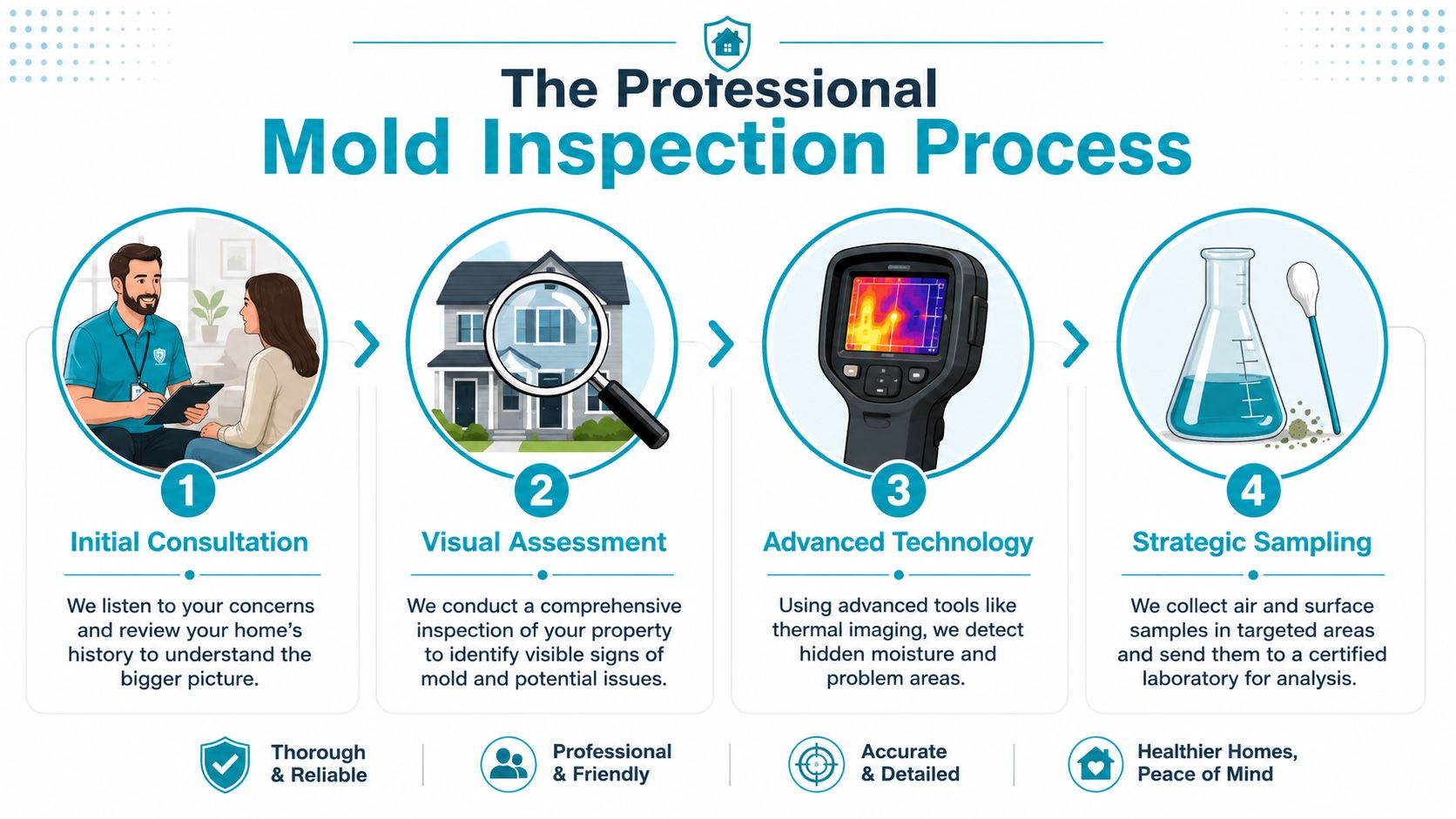 A diagram illustrating the professional four-step mold inspection process including consultation, visual assessment, technology, and sampling.