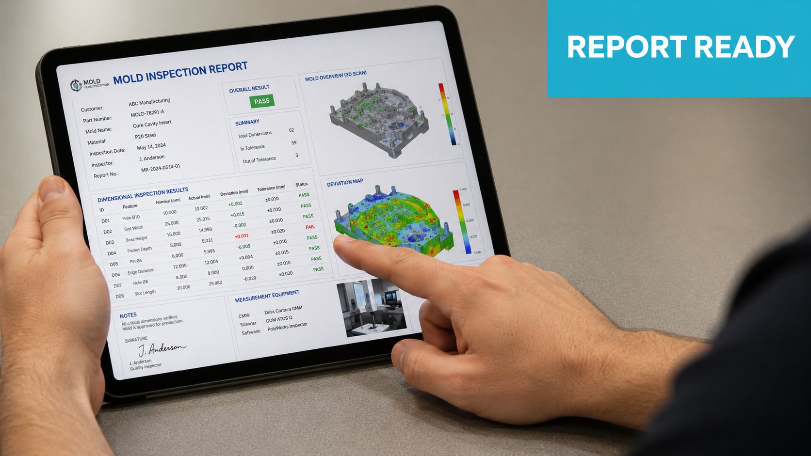 A person reviews a digital mold inspection report on a tablet featuring 3D scans and measurements.