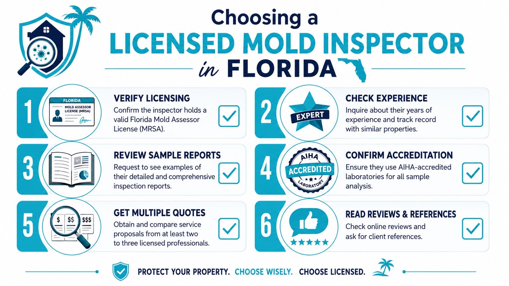 An infographic titled Choosing a Licensed Mold Inspector in Florida detailing six essential steps for selection.