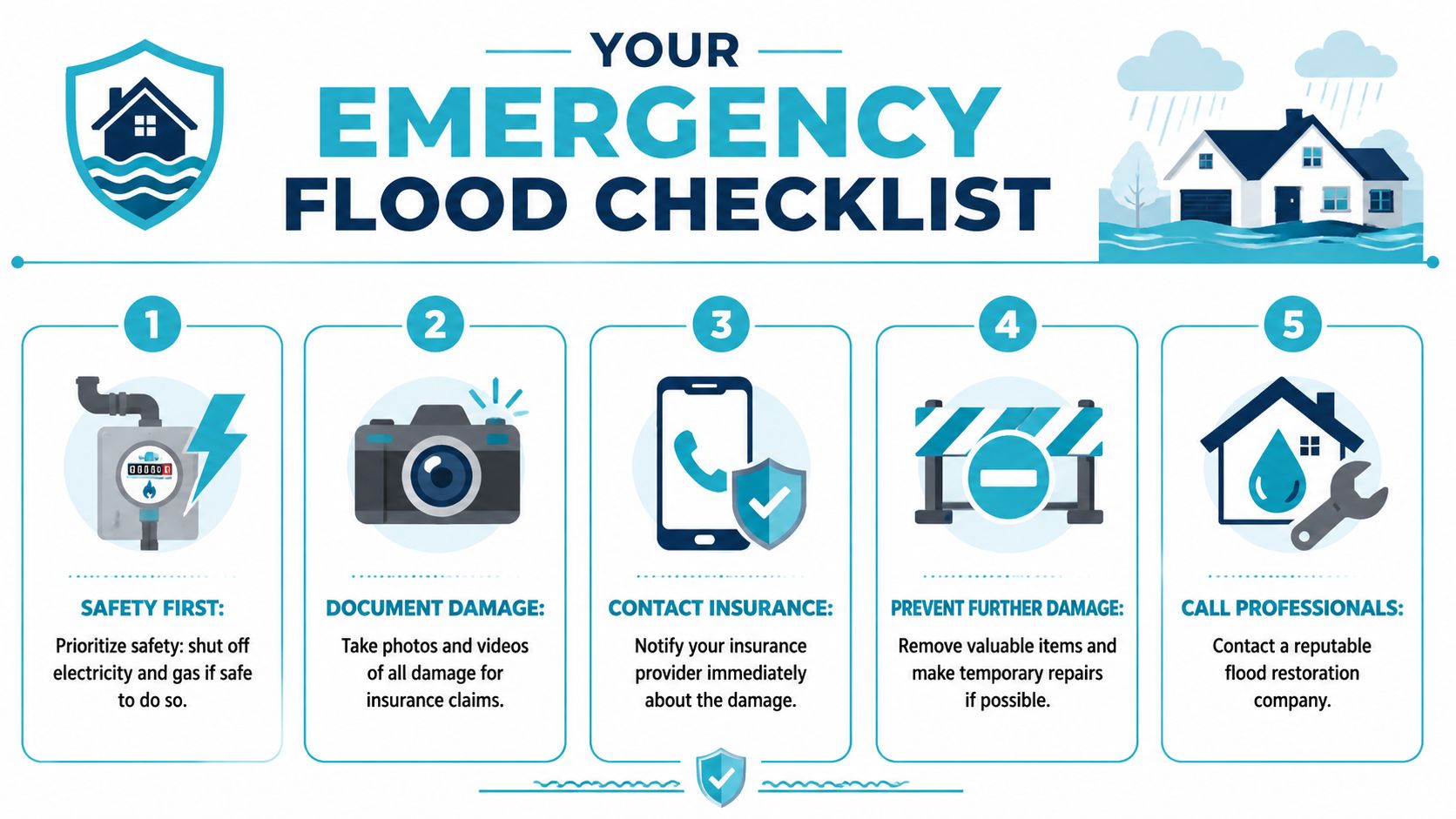An infographic titled Your Emergency Flood Checklist featuring five essential steps for property owners after a flood.