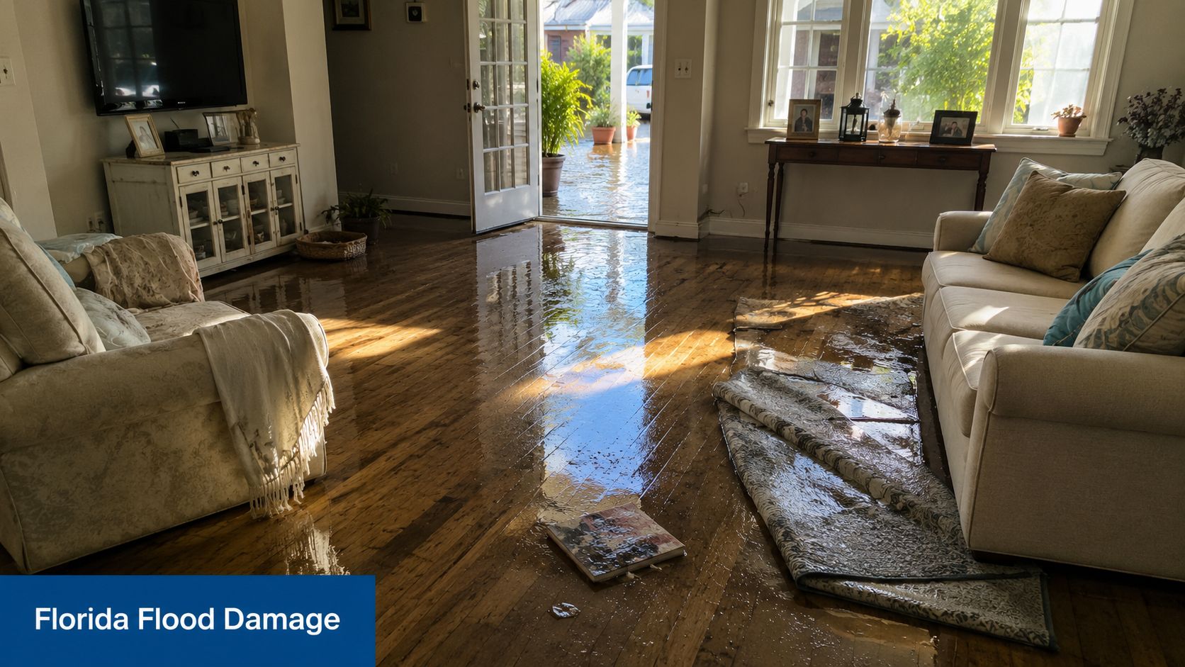 A living room floor covered in water from flooding, showcasing significant residential water damage after a storm.